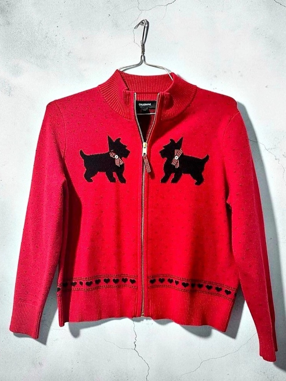 Calligraphic Red Scottie Dog Zip Cardigan Like New